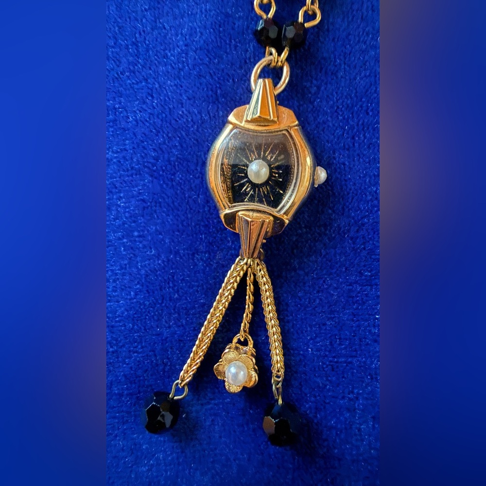 Gold-Tone Women’s Pendant Watch Necklace with Pearl Accent